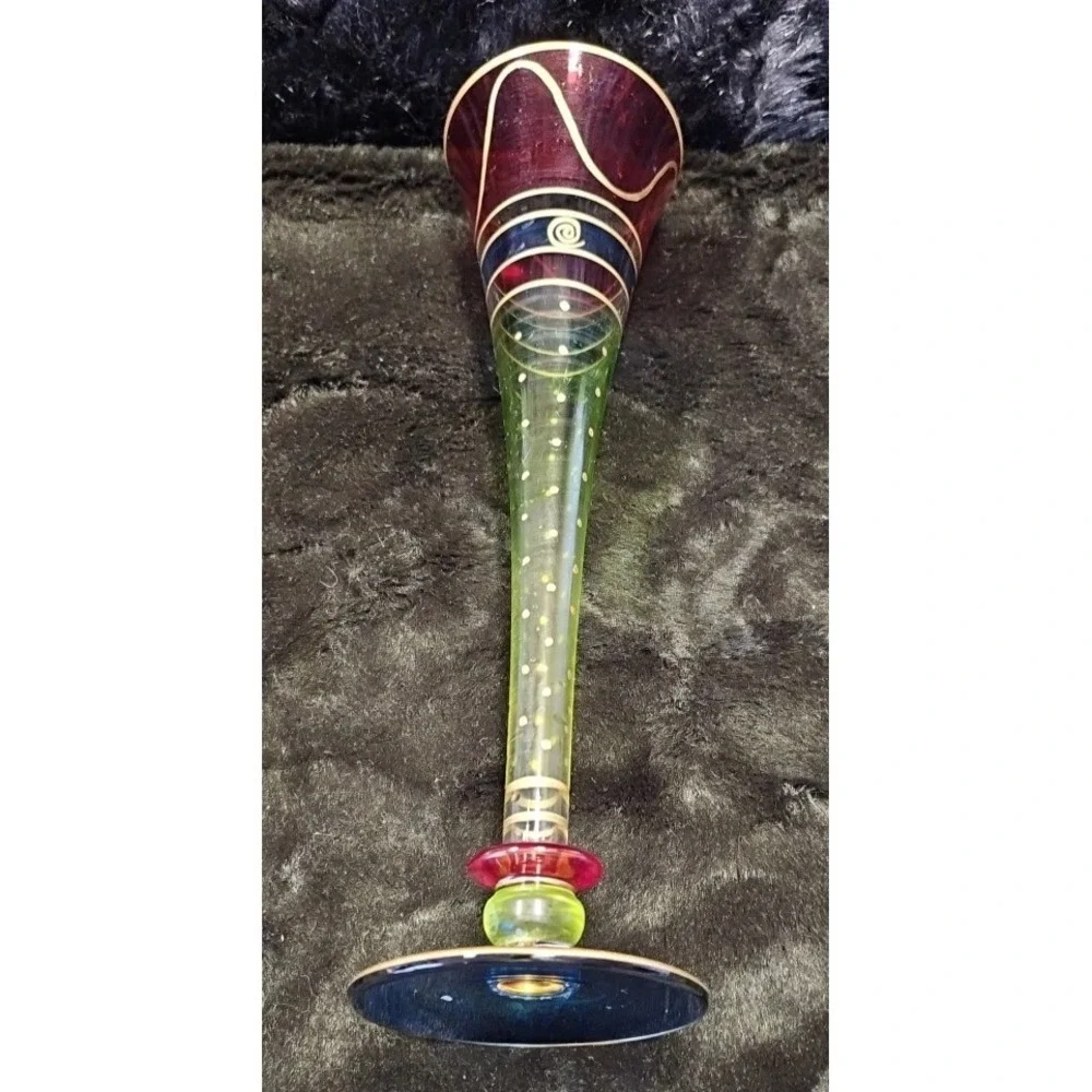 Vintage Pier 1 5-Glass Champagne Flutes Hand Painted & Blown 3-rings 8Pc. 11.5